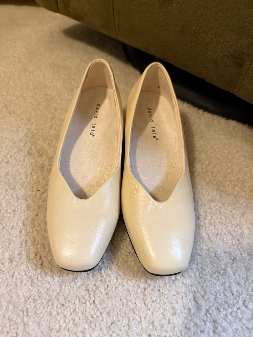 David Tate Cream Leather Square-Toe Slip-On Flats